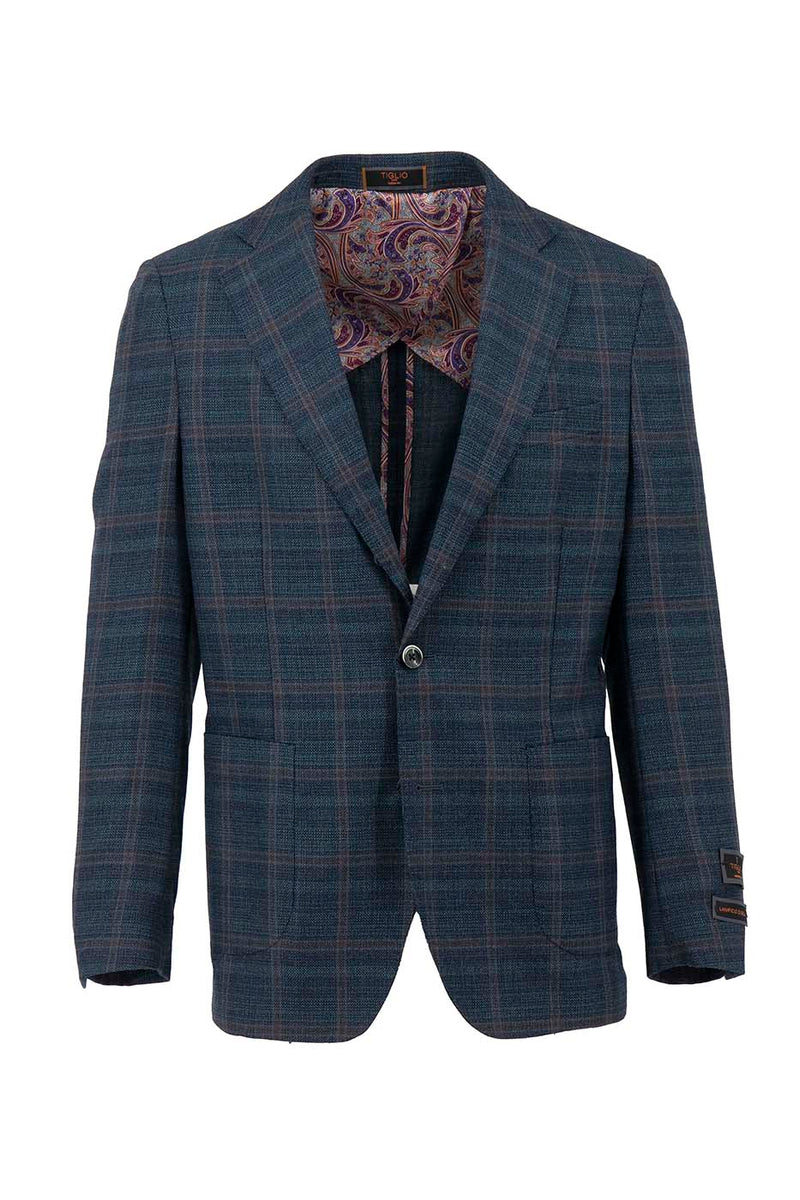 Tiglio Luxe Eggplant with Navy and Red Windowpane Dolcetto/THP Modern Fit Half Lined, Pure Wool Jacket TL3325