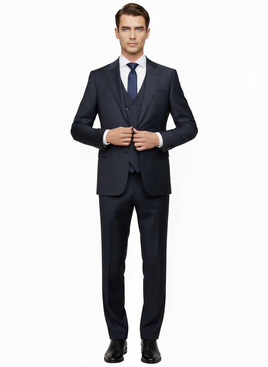 Tiglio Luxe Eggplant and Black Mini Check with Blue Windowpane Prosecco, Modern Fit Pure Wool Suit & Vest TL7522