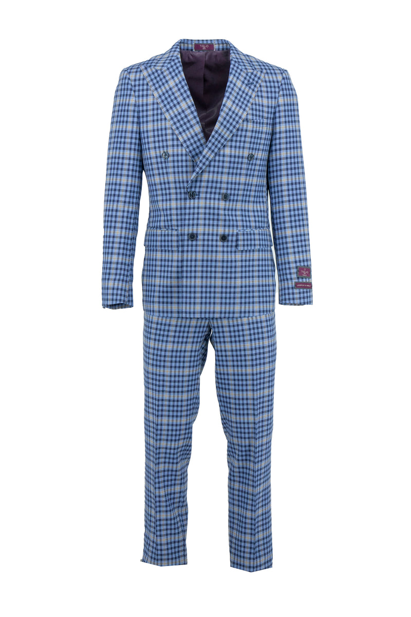 Tiglio Luxe Sky Blue with Navy Mini Check and Camel Windowpane Santorini, Slim Fit Pure Wool Men’s Suit TL6355