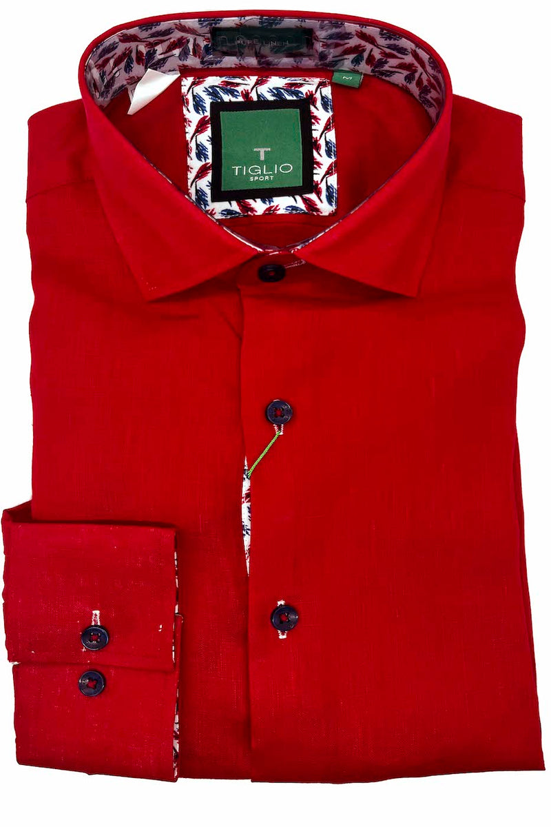 Scarlet Red, Pure Linen Modern Fit Sport Shirt by Tiglio