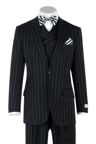 San Giovesse Black Pin-Stripe Wide Leg, Pure Wool Suit & Vest by Tiglio Rosso TIG1052  Tiglio - Italian Suit Outlet