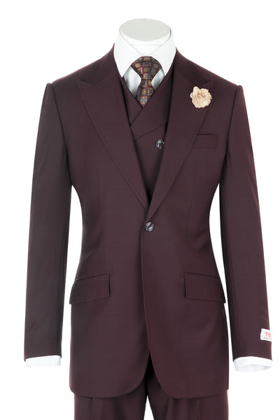 San Giovesse Burgundy Wide Leg, Pure Wool Suit & Vest by Tiglio Rosso  Tiglio - Italian Suit Outlet