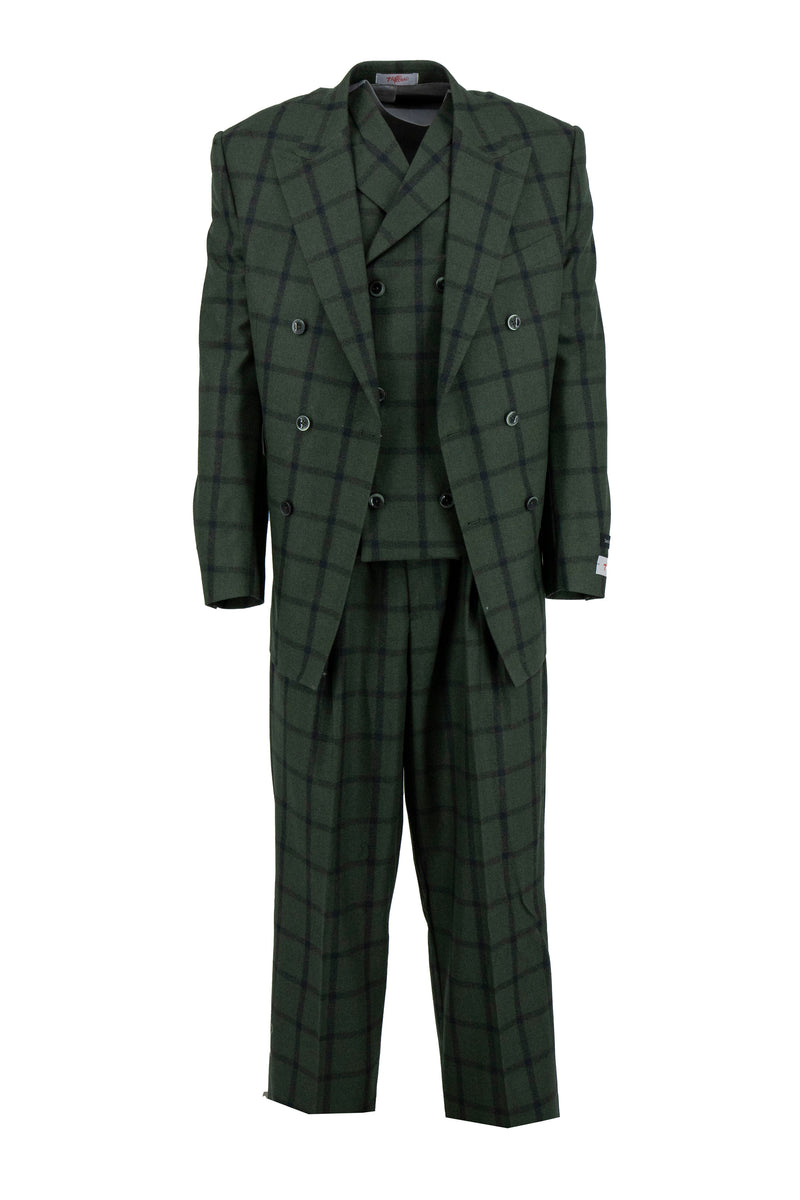 Green with Black Windowpane EST Wide Leg Pure Wool Suit & Vest by Tigl ...