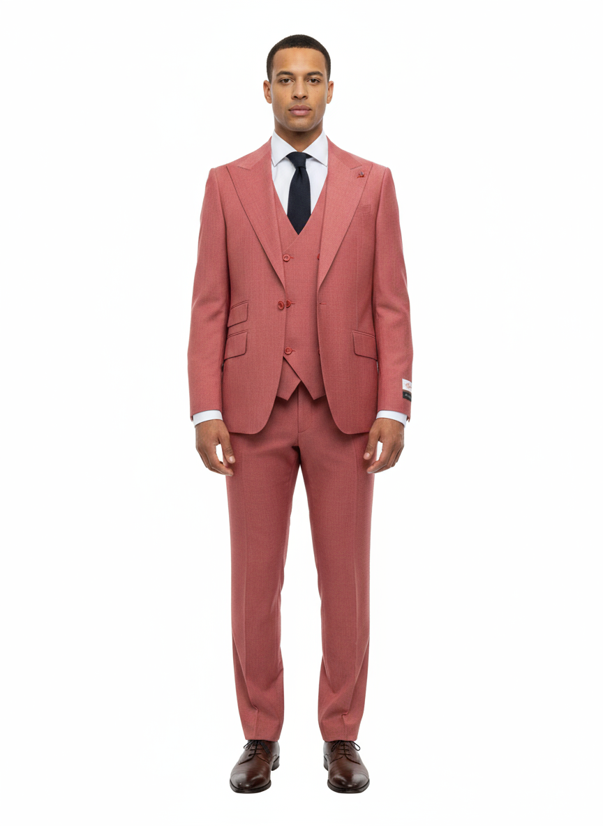 Heather Red Orvietto Semi Wide Leg Pure Wool Suit & Vest by Tiglio