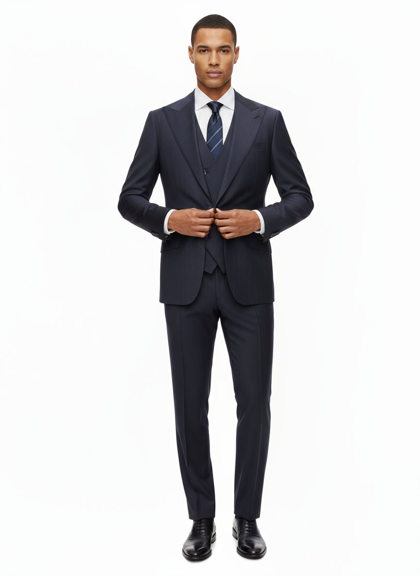 Dark Navy with Pin Dot Stripes Orvietto Semi Wide Leg Pure Wool Suit ...