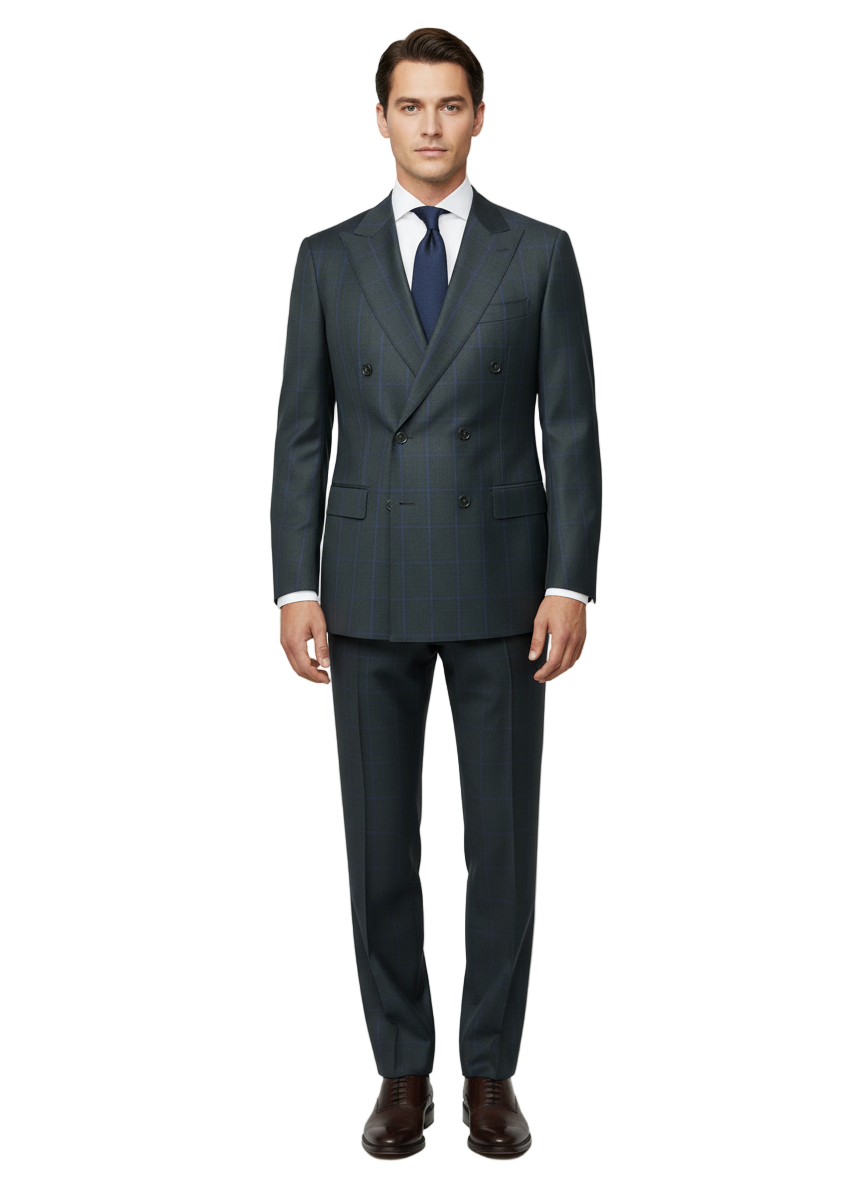 Dark Green with Blue Windowpane Pistoia, Modern Fit Pure Wool Mens Suit by Tiglio Luxe Dark Green with Blue Windowpane Pistoia, Modern Fit Pure Wool Mens Suit by Tiglio Luxe