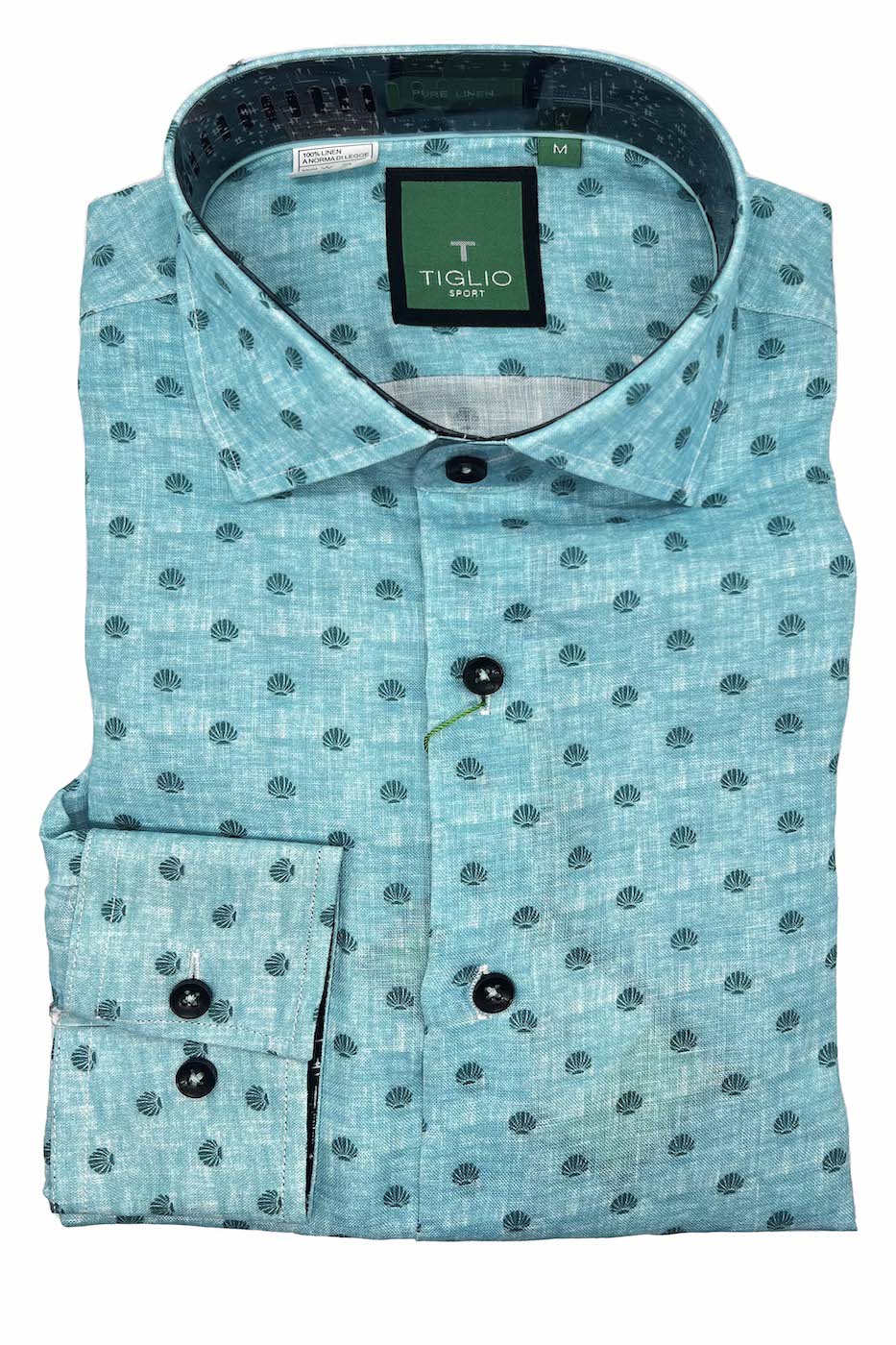Aqua Blue with Green Seashell Print, Pure Linen Modern Fit Sport Shirt by Tiglio Sport Aqua Blue with Green Seashell Print, Pure Linen Modern Fit Sport Shirt by Tiglio Sport