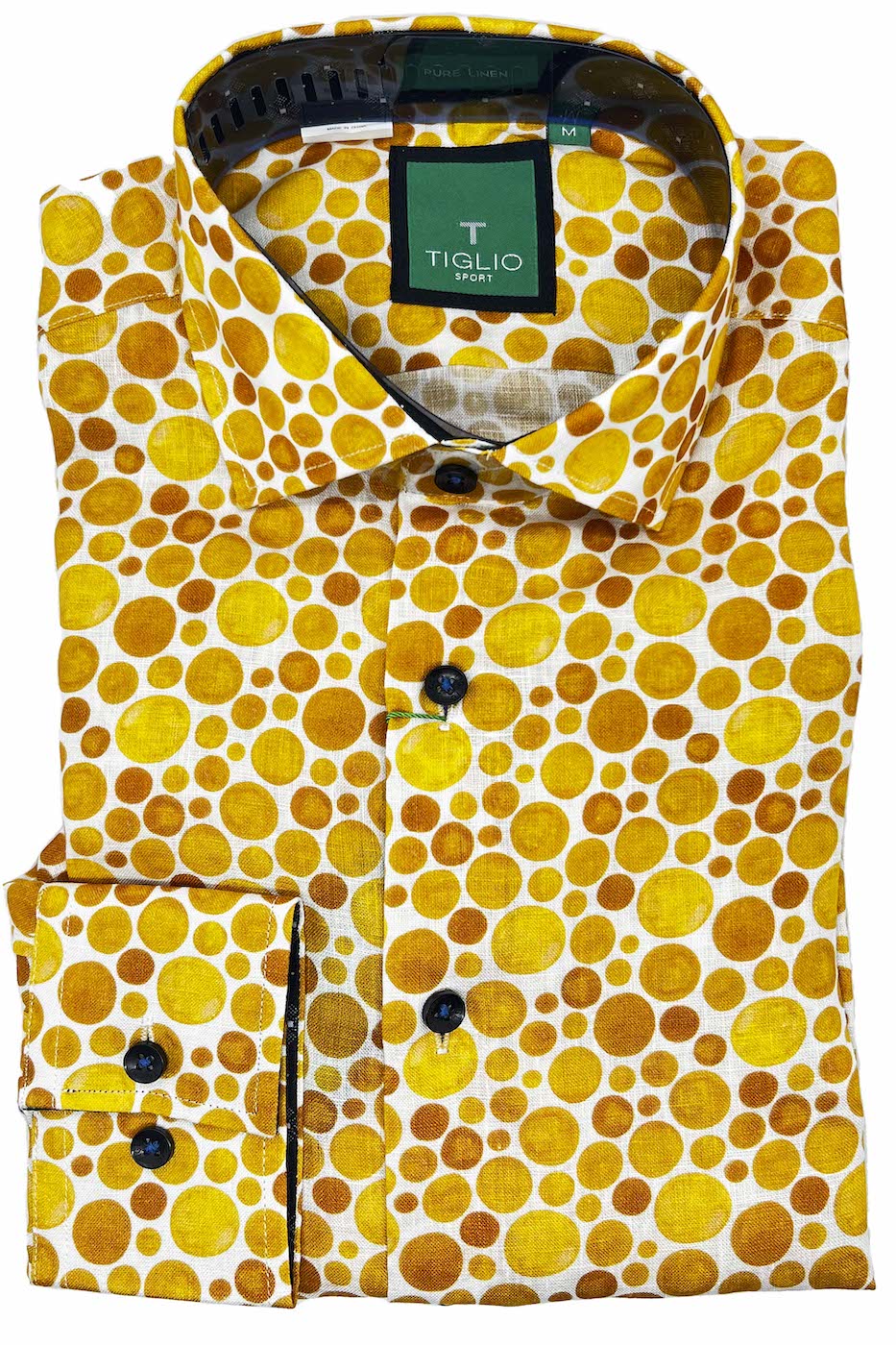 yellow dress shirts for men White with Yellow and Burnt Orange Pebbles, Pure Linen Modern Fit Sport Shirt by Tiglio Sport