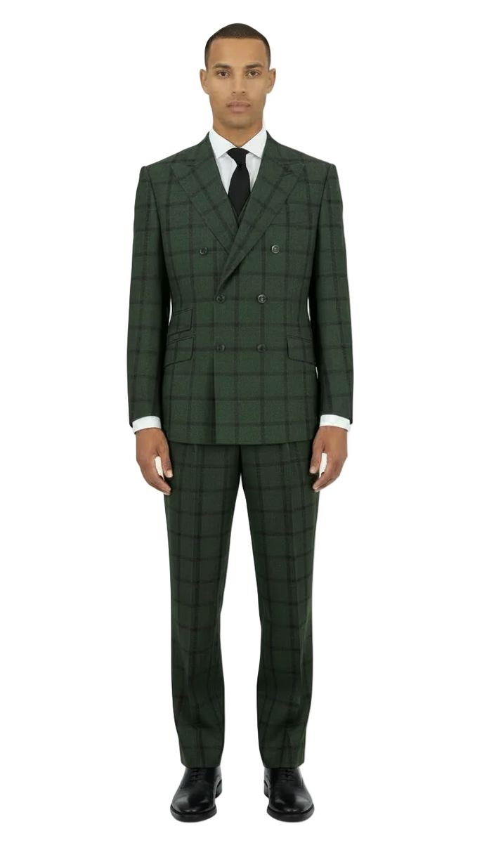 Green with Black Windowpane EST Wide Leg Pure Wool Suit & Vest by Tigl ...