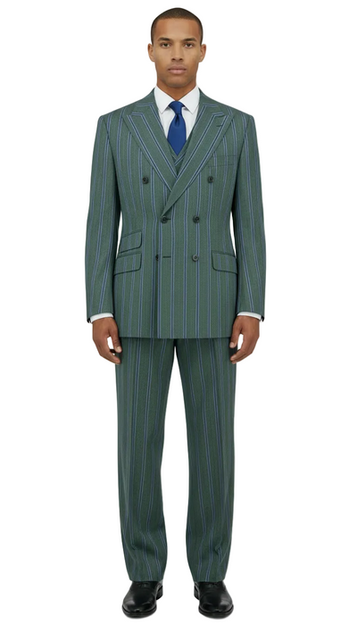 Heather Green with Blue Stripes EST Wide Leg Pure Wool Suit & Vest