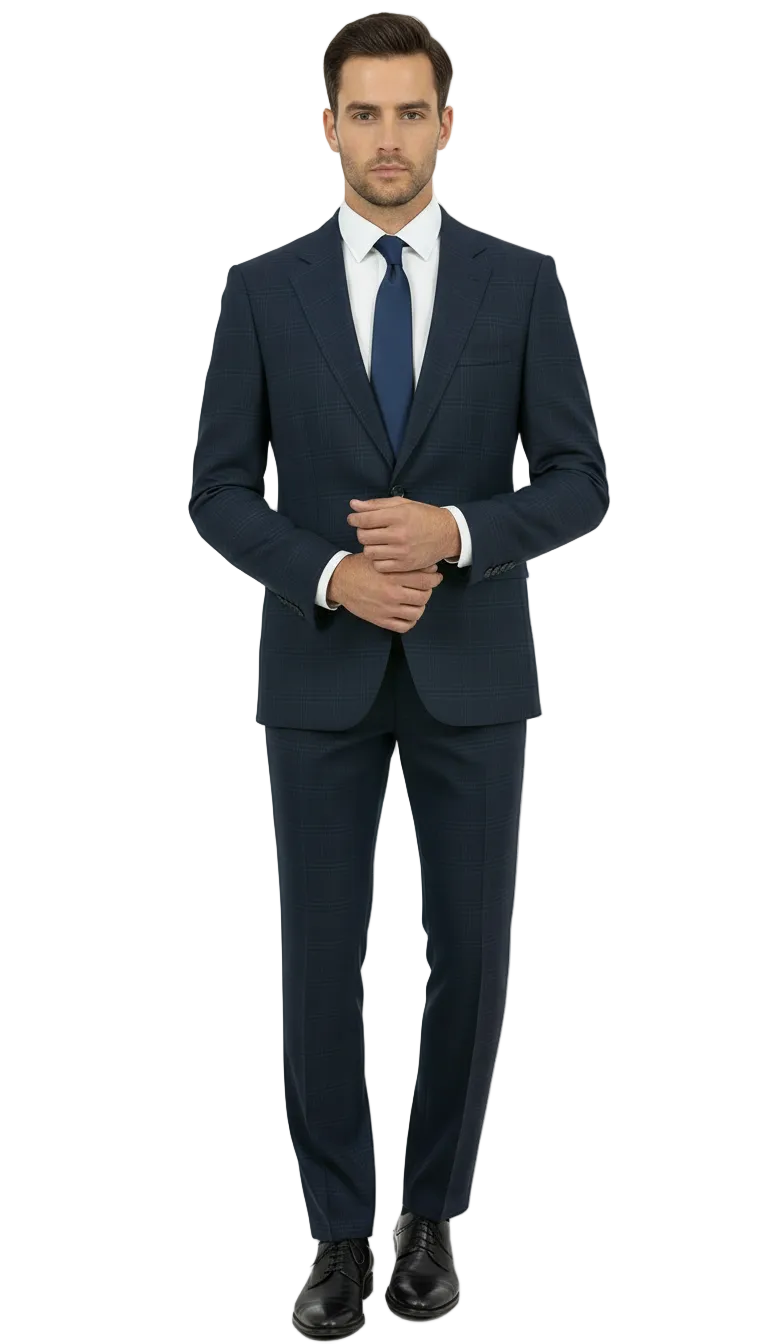 Navy with Windowpane Capri Suit, Wool Stretch Contemporary Fit By