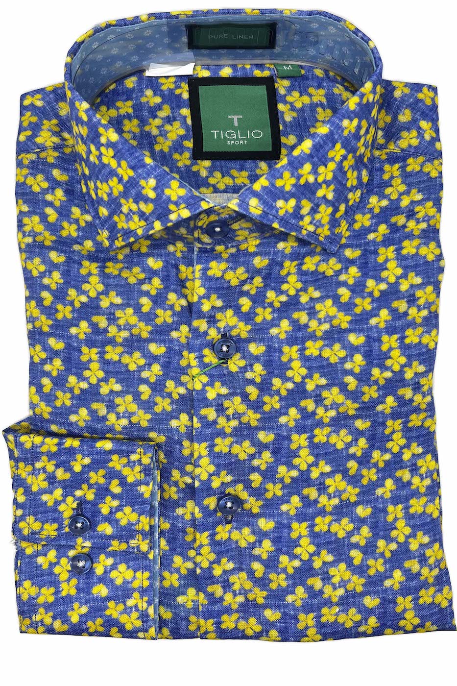 Denim Blue with Yellow Micro Design, Pure Linen Modern Fit Sport Shirt by Tiglio Sport