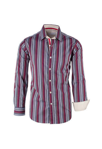 Multi-color and Navy Stripe Pattern Modern Fit Sport Shirt by Equilibrio Sport  Equilibrio - Italian Suit Outlet