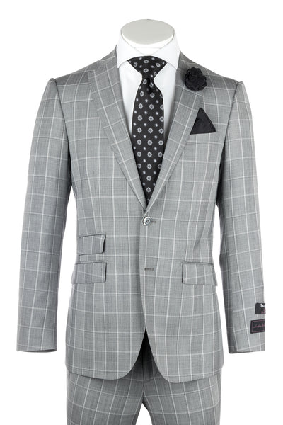 Molina Light Gray with White Windowpane, Slim Fit, Pure Wool Suit by Tiglio Luxe 864127/1  Tiglio - Italian Suit Outlet