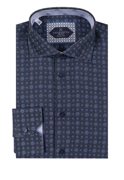 Navy with Light Blue Geometric design Italian Pure Cotton Sport Shirt by Canaletto Menswear CNS104  Canaletto - Italian Suit Outlet
