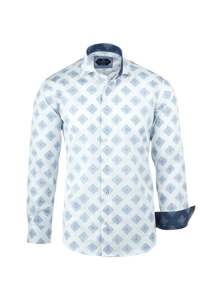 White with Navy Blue Flower-Like Pattern Italian Pure Cotton Sport Shirt by Canaletto Menswear CS1065  Canaletto - Italian Suit Outlet