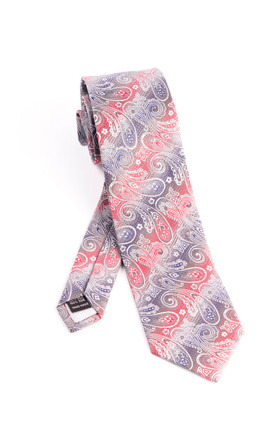 Pure Silk Silver, Red and Blue with Paisley Pattern Tie by Tiglio Luxe  Tiglio - Italian Suit Outlet