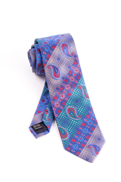 Pure Silk Blue with Red, Green and Tan Patterns Tie by Tiglio Luxe  Tiglio - Italian Suit Outlet