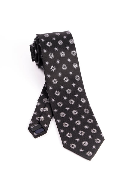 Pure Silk Black with Silver Flower Pattern Tie by Tiglio Luxe  Tiglio - Italian Suit Outlet