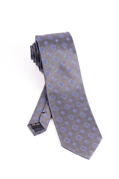 Pure Silk Gray with Blue and White Flower Pattern Tie by Tiglio Luxe  Tiglio - Italian Suit Outlet