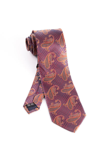 Pure Silk Red and Gray Houndstooth with Gold Paisley Pattern Tie by Tiglio Luxe  Tiglio - Italian Suit Outlet