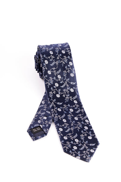 Pure Silk Navy with White and Light Blue Floral Pattern Slim Tie by Tiglio Luxe  Tiglio - Italian Suit Outlet