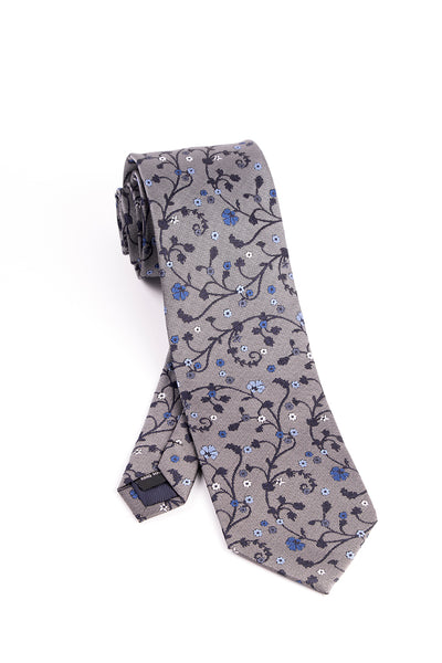 Pure Silk Gray with Navy, Blue and White Floral Pattern Tie by Tiglio Luxe  Tiglio - Italian Suit Outlet