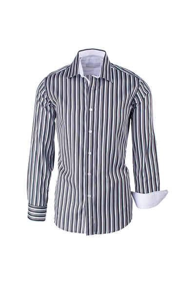 Black, White and Gray Striped Modern Fit Sport Shirt by Equilibrio Sport SP4796  Equilibrio - Italian Suit Outlet