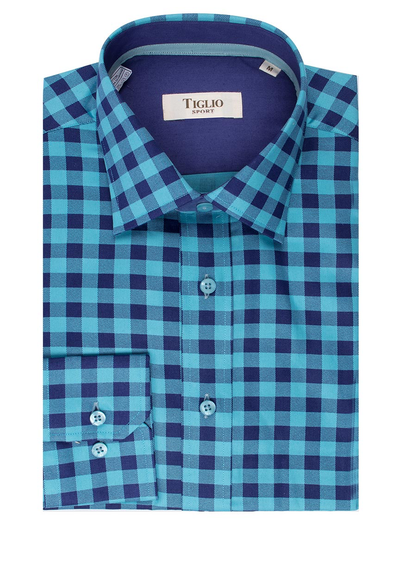 Blue and Navy Check Modern Fit Sport Shirt by Tiglio Sport - V12244  Italian Suit Outlet - Italian Suit Outlet