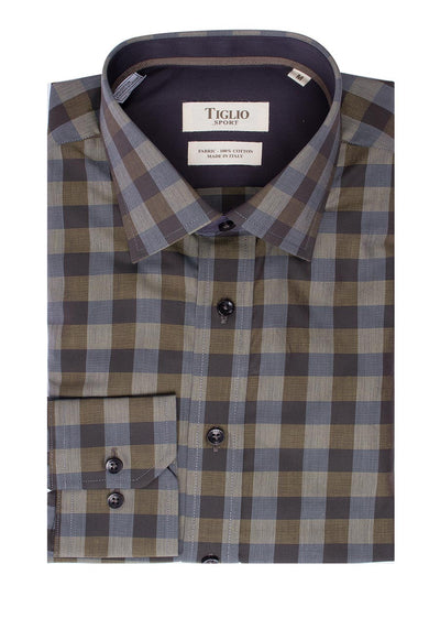 Military green with black and beige checkered Modern Fit Sport Shirt by Tiglio Sport V-43162  Tiglio - Italian Suit Outlet