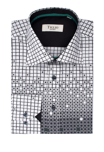 White with Black Geometric Pattern with Blue Accents Modern Fit Sport Shirt by Tiglio Sport Y6990/1  Tiglio - Italian Suit Outlet