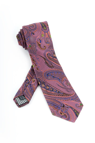 Pure Silk Pink with Indigo, Black and Yellow Paisley Pattern Tie by Canaletto  Canaletto - Italian Suit Outlet